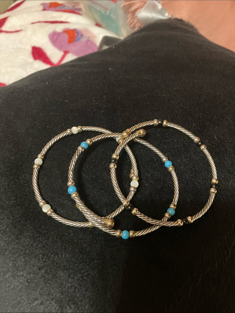 Silver-Tone Twisted Wire Bangle Set with Turquoise and Pearl Beads